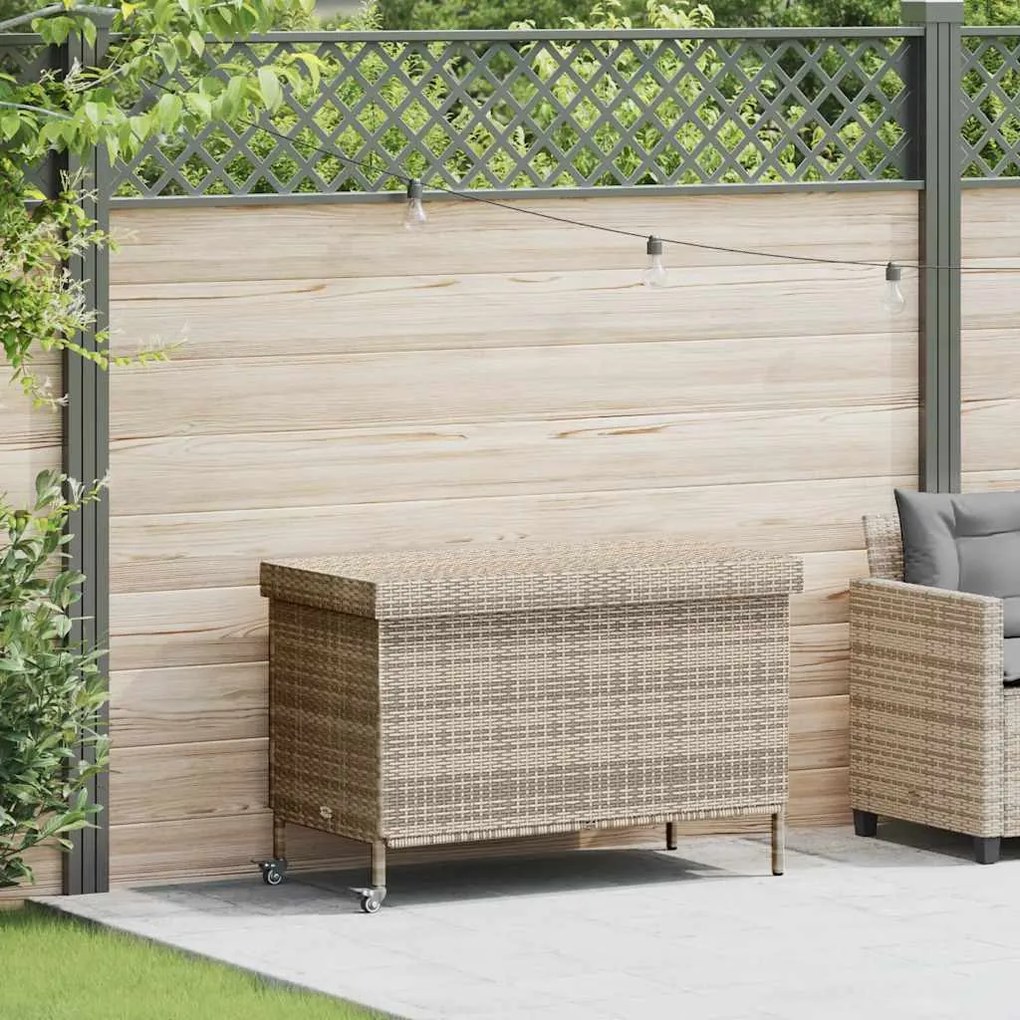 szürke polyrattan kerti tárolóláda kerekekkel 110x55x73 cm