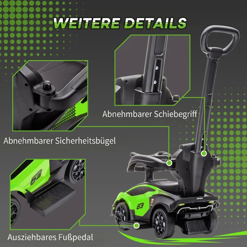 AIYAPLAY Ride-on autó tolókarral, 2 az 1-ben Ride-on jármű kormánykerékkel, kürttel, lábtartóval, üléstárolóval, zöld