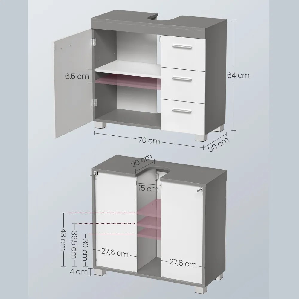 IVY mosdó alatti szekrény, 30x70x64 cm, fehér/szürke Vasagle