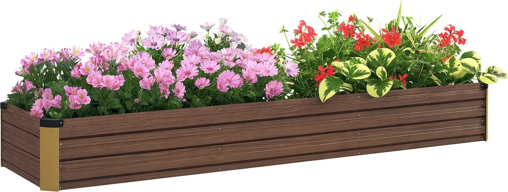 Outsunny Acél Emelt Ágyás, Nyitott Aljú Virágágyás Fa Hatással, Zöldség Ágyás, Fűszeres Ágyás erkélyre, kertbe, Sötétbarna, 240 x 60 x 30 cm | Aosom