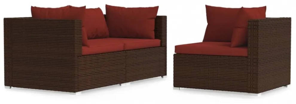 3 részes barna polyrattan kerti bútorszett párnákkal
