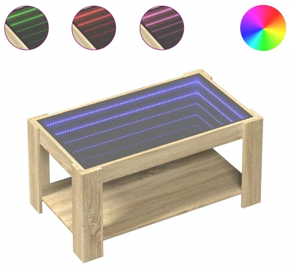 sonoma tölgy szerelt fa dohányzóasztal LED-del 93 x 53 x 45 cm