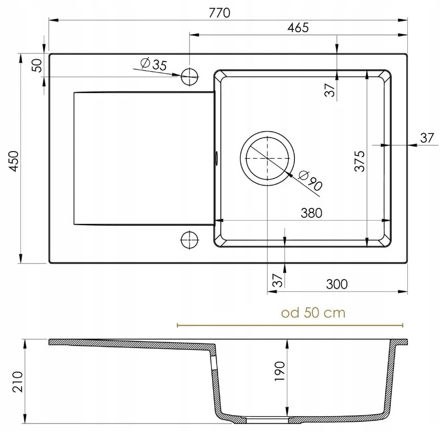 Mosogató Quality Ferrum, konyhai gránit mosogató 770x450x190 mm + szifon, fehér, SKQ-FER.W.1KDO.X