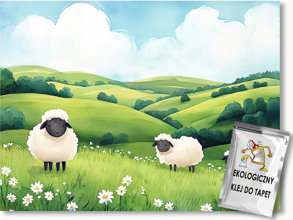 Fotótapéta Flizelina Falu Zöld Rét Dombok Juhok Virágok 300x210 ragasztó