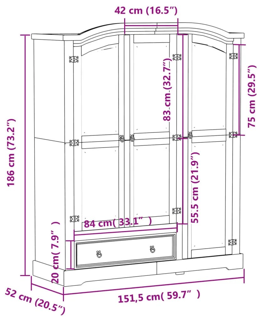 Corona tömör fenyőfa ruhásszekrény 151,5 x 52 x 186 cm