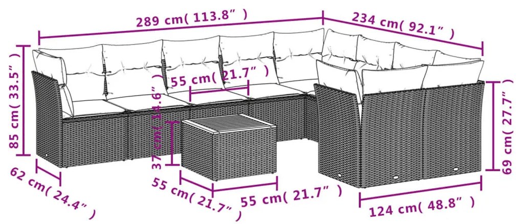 10 részes fekete polyrattan kerti ülőgarnitúra párnákkal