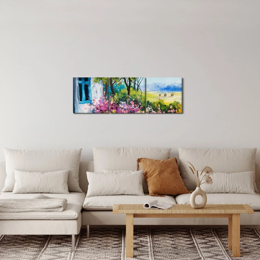 Kép a ház előtti kertről, olajfestmény (órával) (90x30 cm)