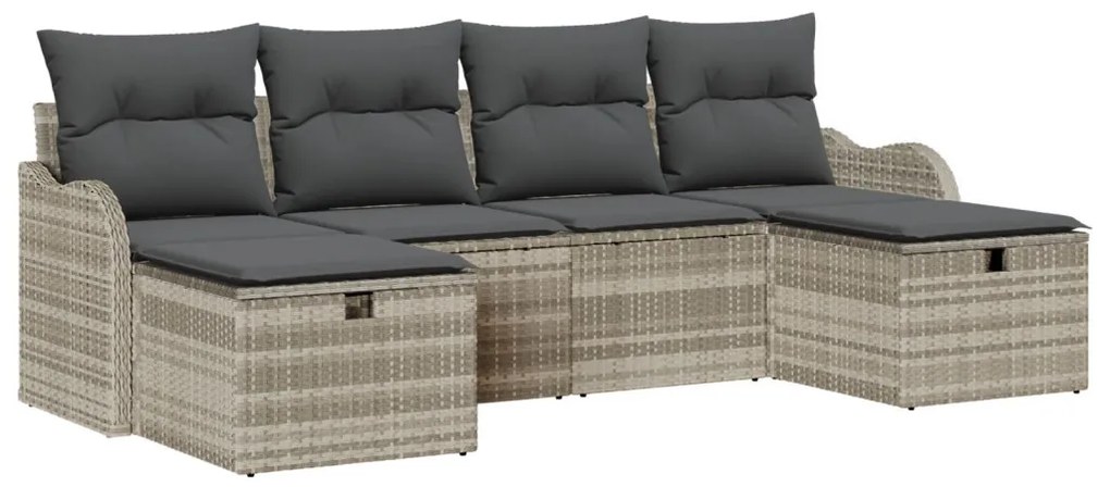 6 Darabos Kerti Sofa Készlet Párnákkal Világosszürke Poli Rattan, 2 Személyes Kerti Sofa Tárolóval &amp; Párnákkal Világosszürke Poli Rattan