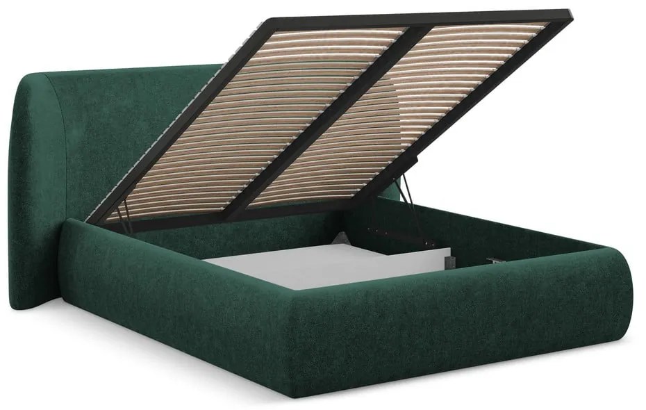 Sötétzöld kárpitozott ágyneműtartós franciaágy ágyráccsal 160x200 cm Hauke – Makamii