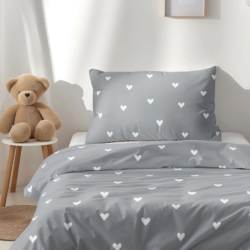 Goldea gyermek pamut ágyneműhuzat - szívecskék, szürke alapon 140 x 200 és 70 x 90 cm