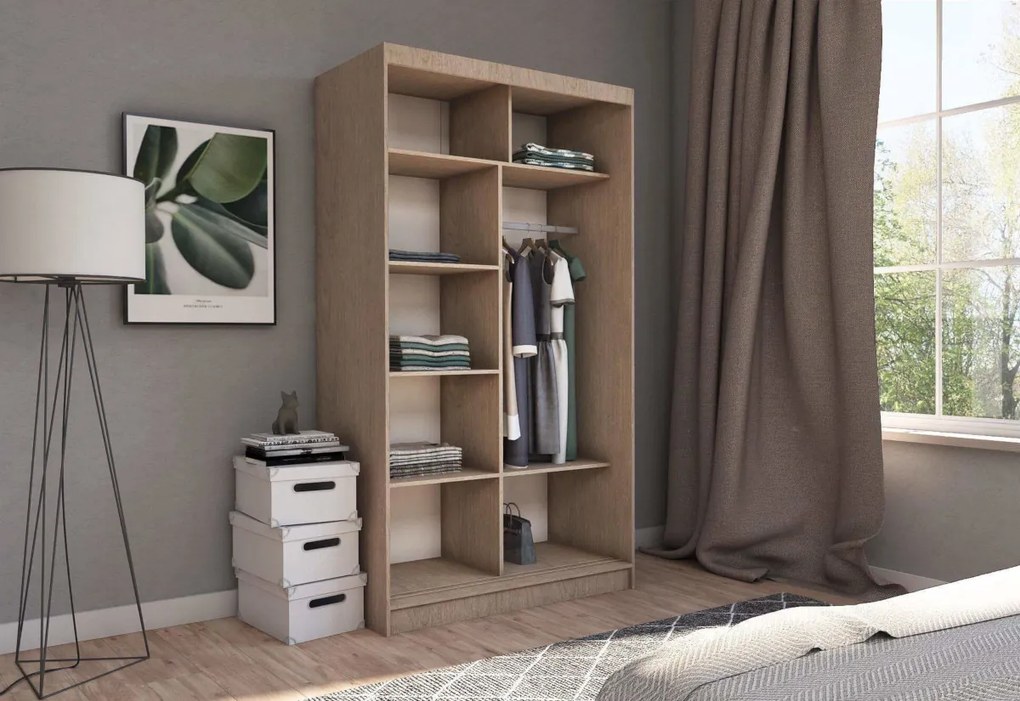 KUREZ tolóajtós ruhaszekrény, 180x216x61, tölgy sonoma/fehér