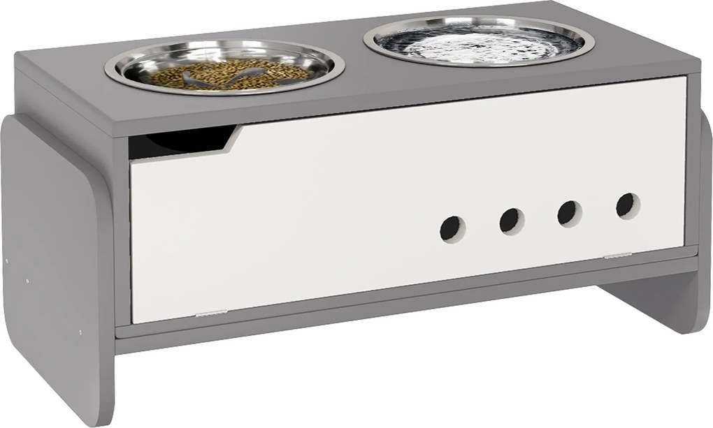 PawHut Magasított Kutya Etetőtál Magasságállítható Etetőtál Tároló VízTál 2 x 2000ml Rozsdamentes Acél Tálak Lassú Etetésű Tál Magasságállítható Etető