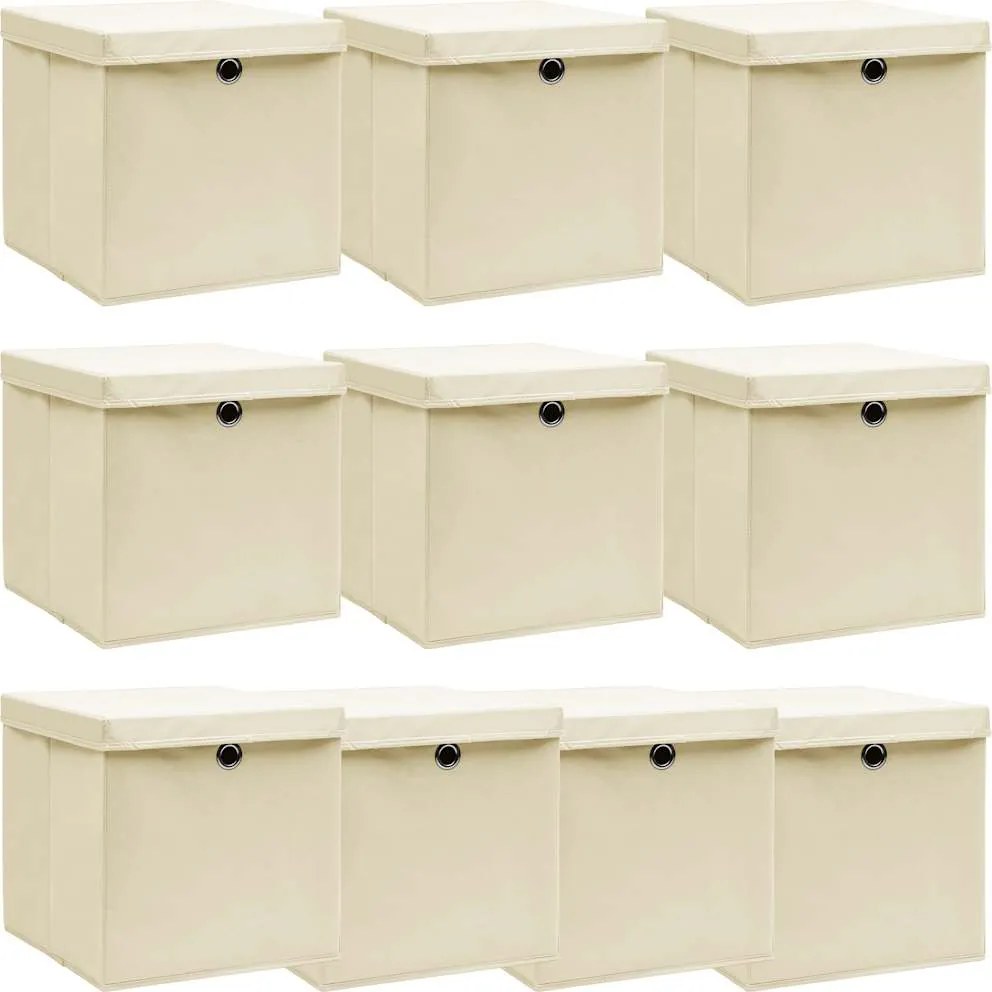 vidaXL 10 db krémszínű szövet tárolódoboz fedéllel 32 x 32 x 32 cm