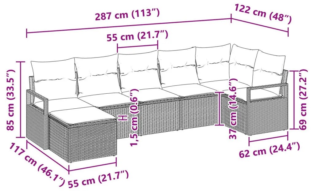 7 darabos kerti kanapé szett párnákkal fekete poly rattan, 2 személyes kerti kanapé párnákkal fekete poly rattan