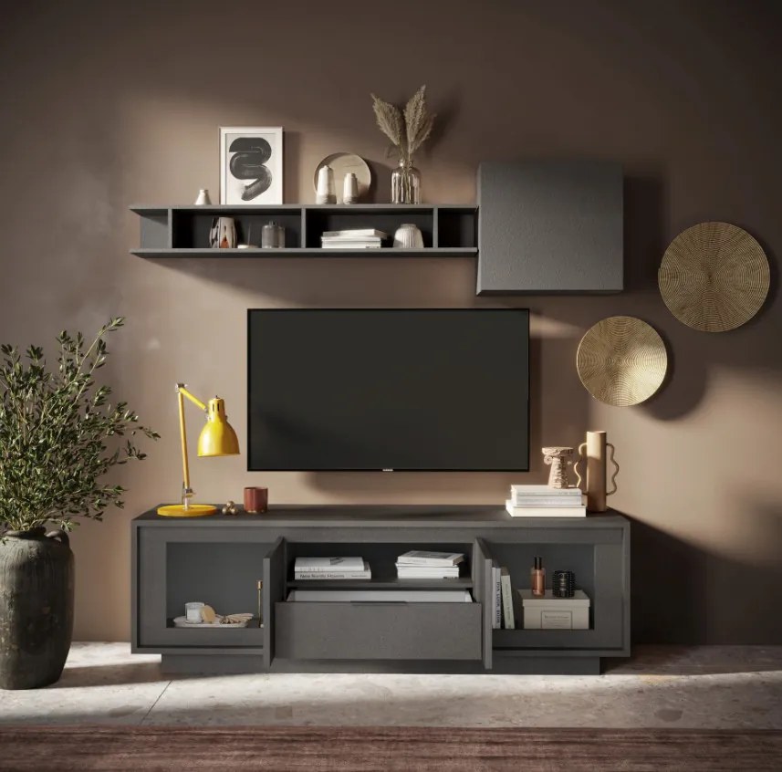 SKY 2.0 TV-szekrény 2 ajtóval és 1 fiókkal, fehér matt lakkozott vázzal, sötét láva laminált előlapokkal