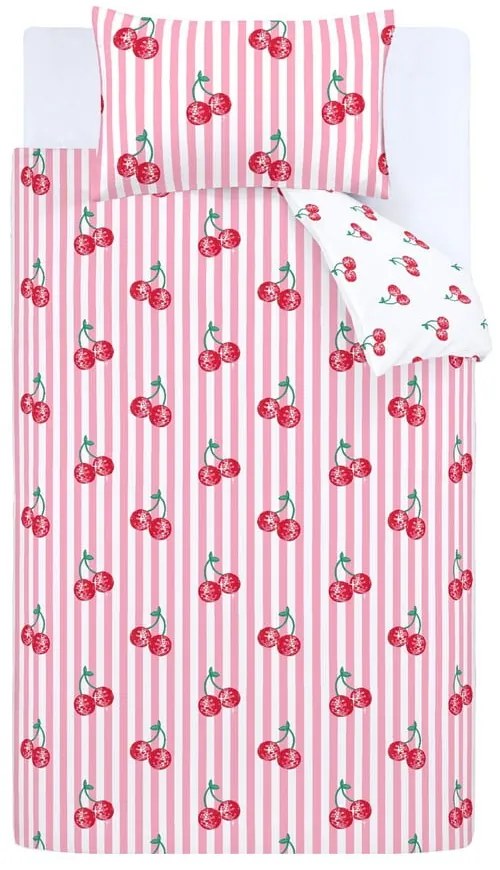 Fehér-rózsaszín egyszemélyes ágyneműhuzat 135x200 cm Disco Cherries Stripes – Catherine Lansfield