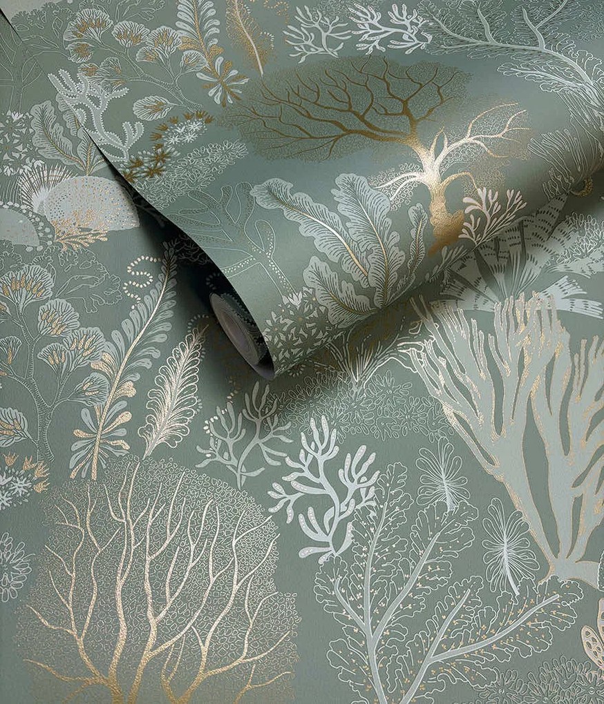 Holden Decor Wanderlust Nautilus arany-kék kagylós vlies tapéta – 92082