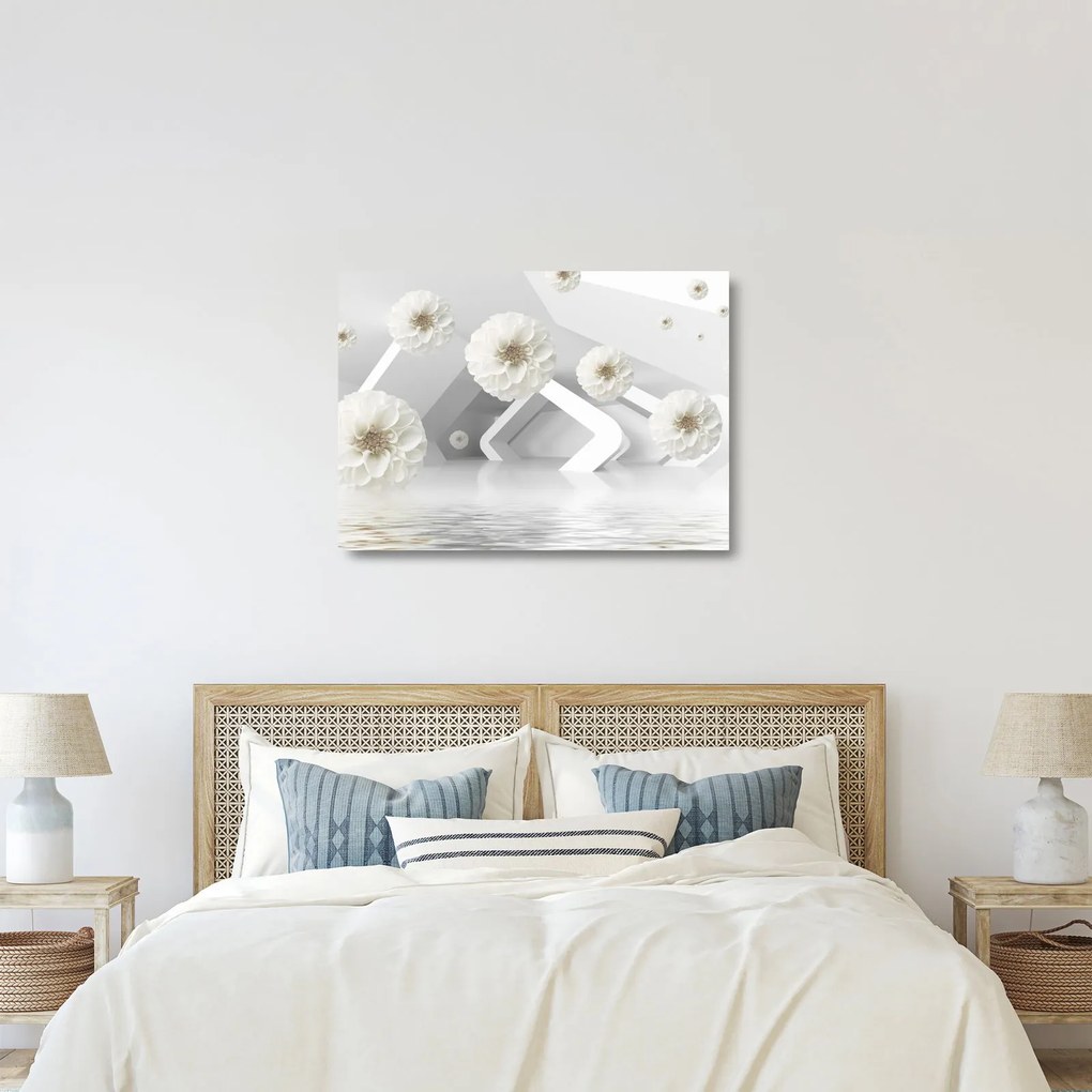 Absztrakt kép fehér virágokkal (üvegen) (70x50 cm)