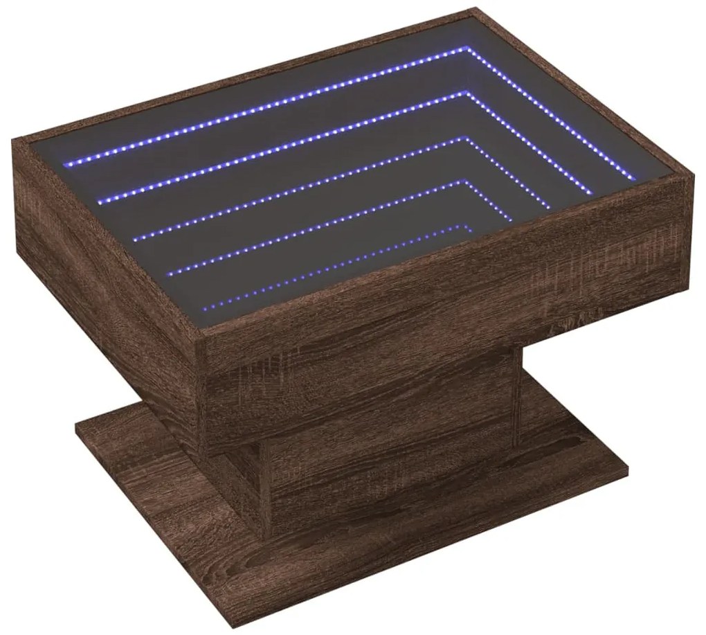 Barna tölgy szerelt fa dohányzóasztal LED-del 70 x 50 x 45 cm