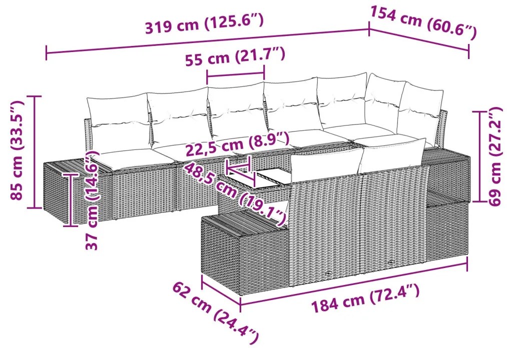 Kerti Kanapé Szett párnával 9 pcs bézs és szürke Poli rattan
