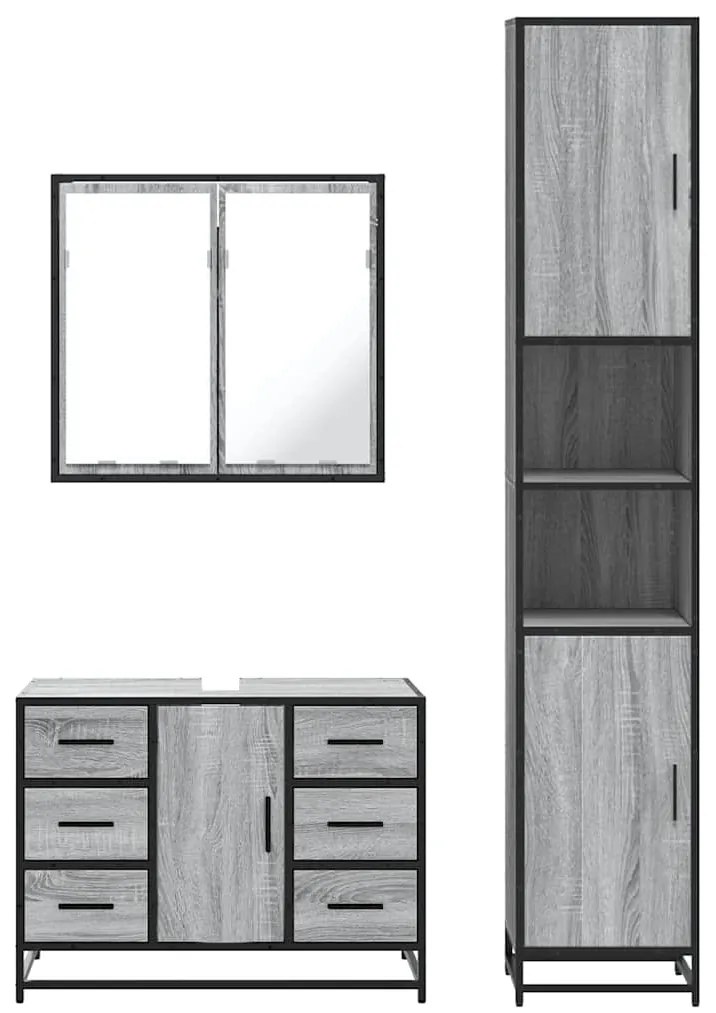 3 részes szürke sonoma színű szerelt fa fürdőszobai bútorszett