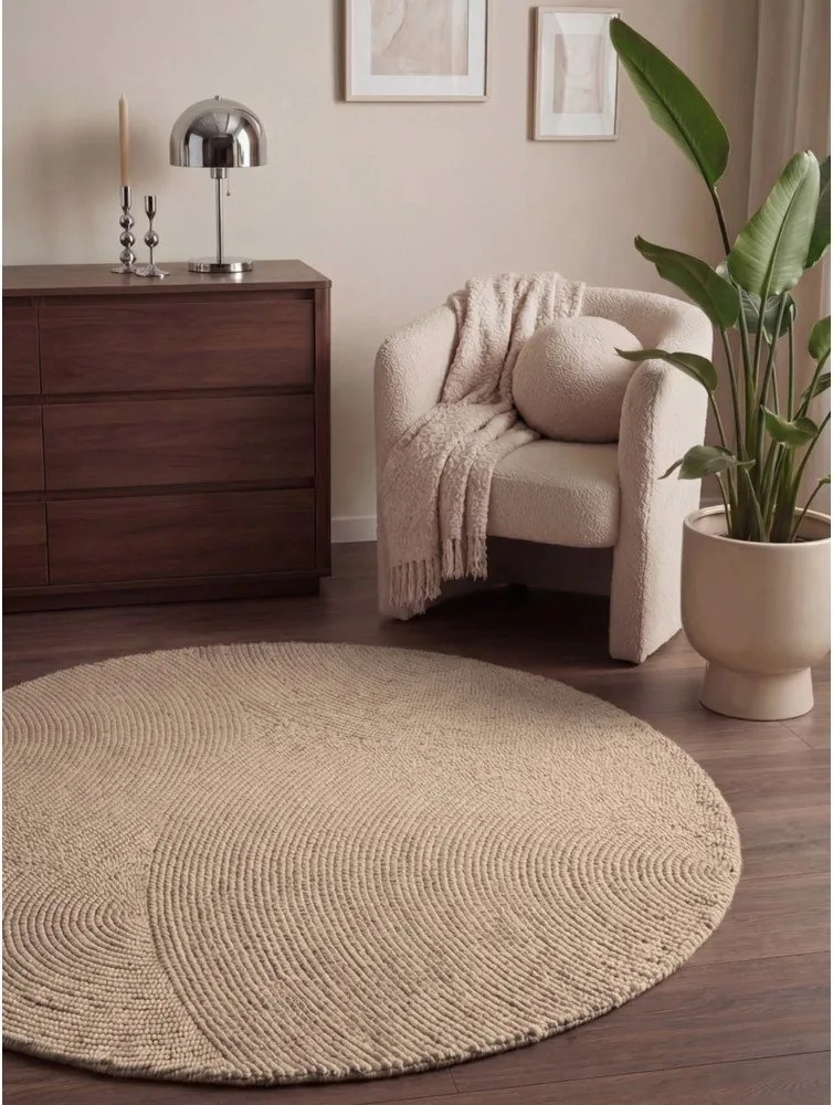 Bézs kézi szövésű gyapjú kerek szőnyeg ø 150 cm Calmio – Hanse Home