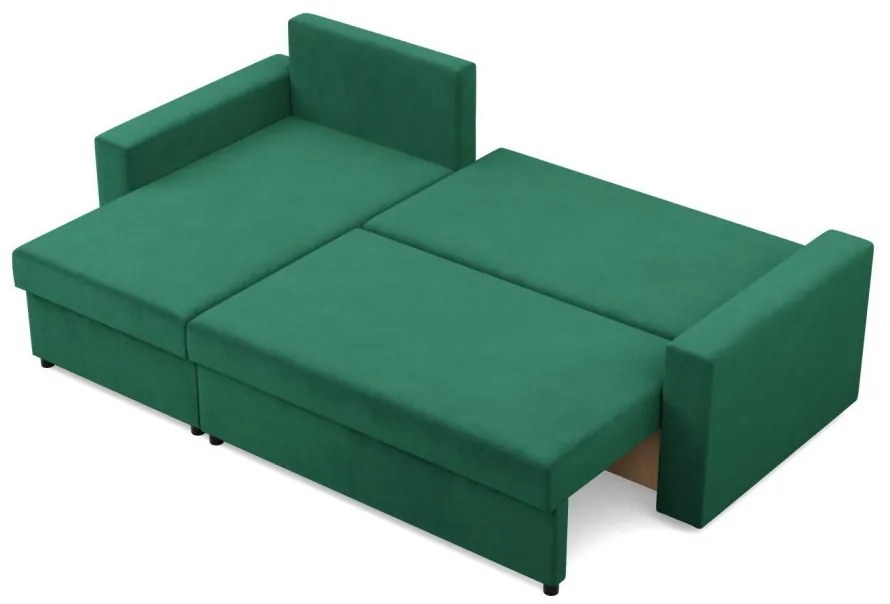 Zeus sarokkanapé, 2 ágyneműtartóval, egyenes kartámasz, bársony, univerzális oldal, hab töltet, zöld