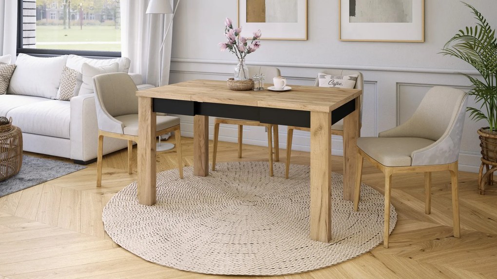 FONTE Craft Gold Tölgy / Fekete Matt - Klasszikus konyhai/nappali asztal 85x75 Kinyitható akár 130 cm-ig!