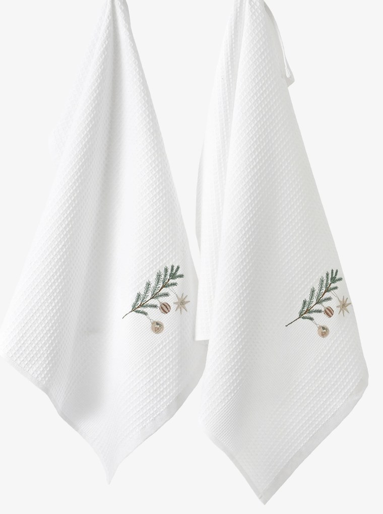 Goldea karácsonyi hímzett waffle konyharuha - gömbök az ágon fehér háttéren 50 x 70 cm