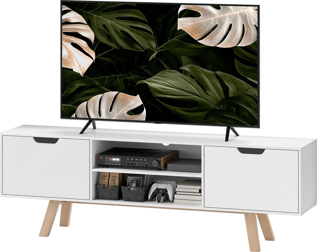HOMCOM TV szekrény, TV állvány 65 hüvelykig, alacsony bútor 2 szekrénnyel és 2 polccal, TV szekrény nappaliba, 150 x 39 x 50 cm Fehér | Aosom
