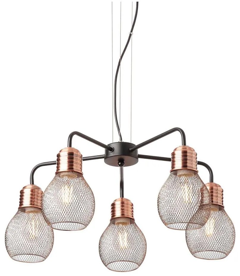 Redo 01-1580 - EDISON függőlámpa kábelen, 5xE27/42W/230V, Ø 53 cm, fekete/rézszínű
