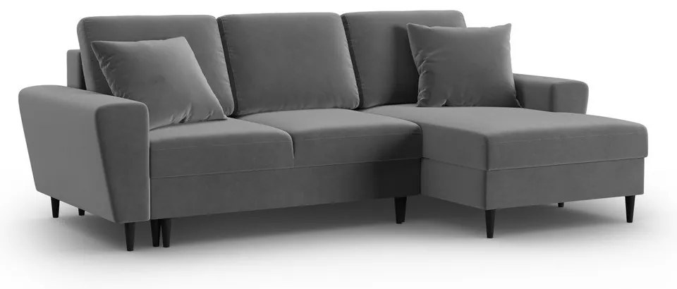 Világosszürke bársony kinyitható tárolóhelyes sarokkanapé (jobb oldali-heverő résszel) Kyoto – Cosmopolitan Design