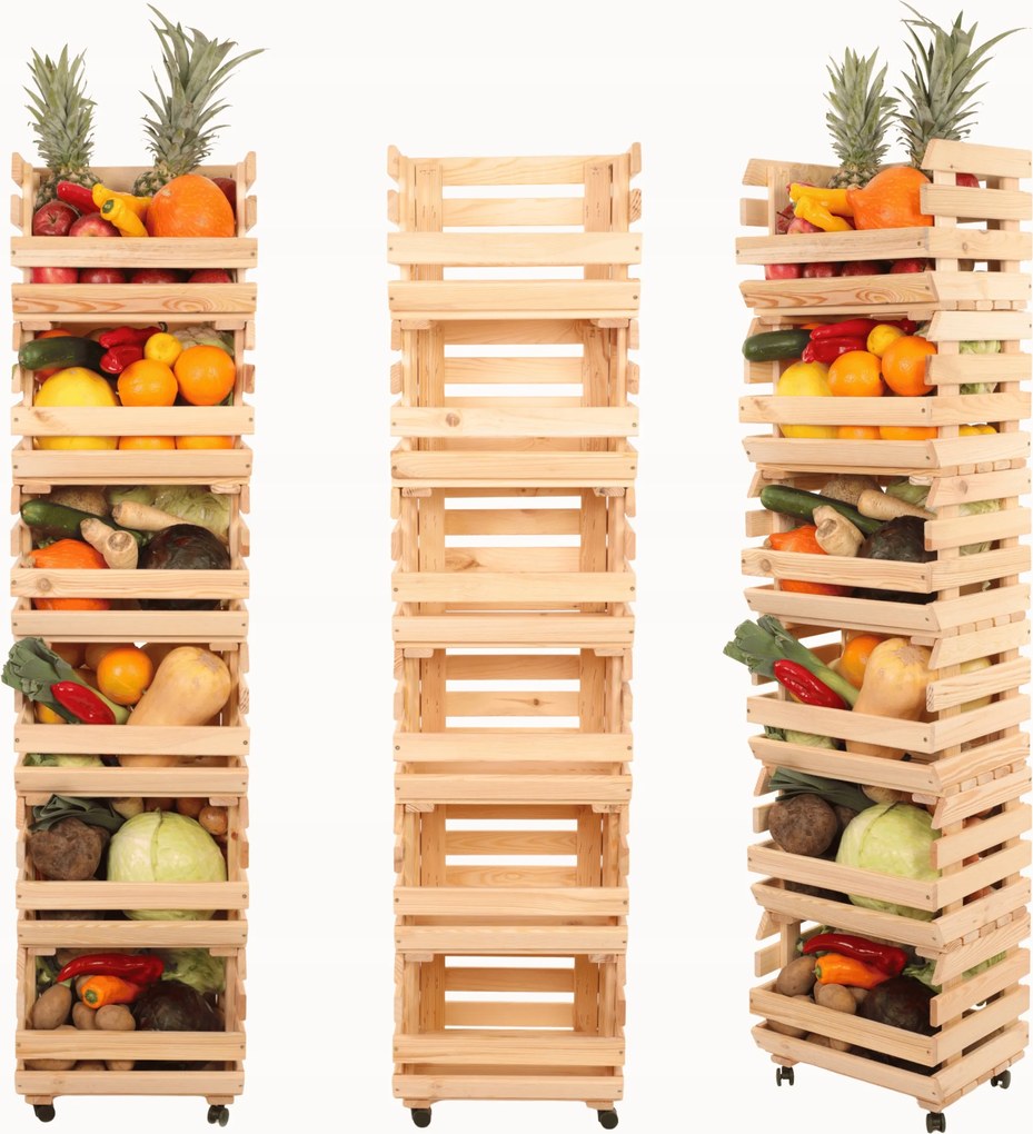 Zöldségtartó állvány fa gurulós láda állvány 6 láda 157x40x30