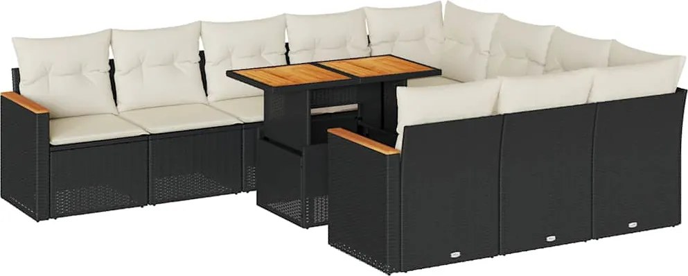 vidaXL 11 részes fekete polyrattan akácfa kerti ülőgarnitúra párnákkal
