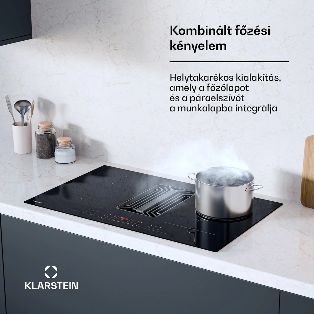 Klarstein AirJet Hybrid Down Air System, Indukciós főzőlap beépített páraelszívóval, 600 m³/h, EEK A+