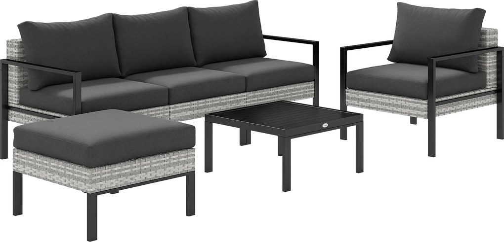 Outsunny Kültéri Kert 5 Elemekből Álló Lounge Szett, Erkély Szett Műanyag Wicker-rel, Karosszékekkel, Ottoman-al, Kávézó Asztallal, Tisztítható párnák