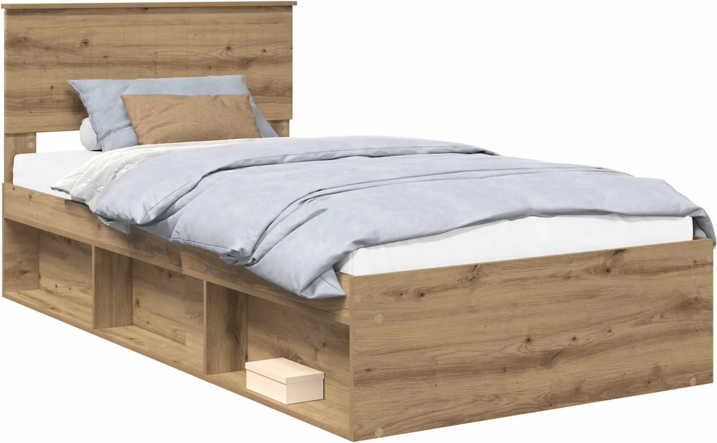 vidaXL Ágykeret fejtámlával Művészi tölgy 100 x 200 cm Tömör fenyőfa