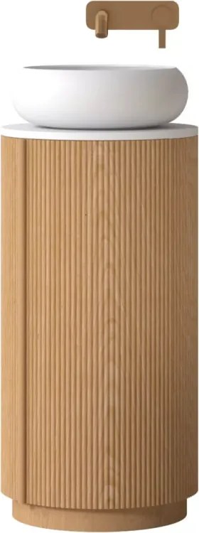 AREZZO design SORAYA 40 cm-es kerek, álló Fürdőszoba alsószekrény, fehér mosdópulttal, 1 ajtó, tölgy