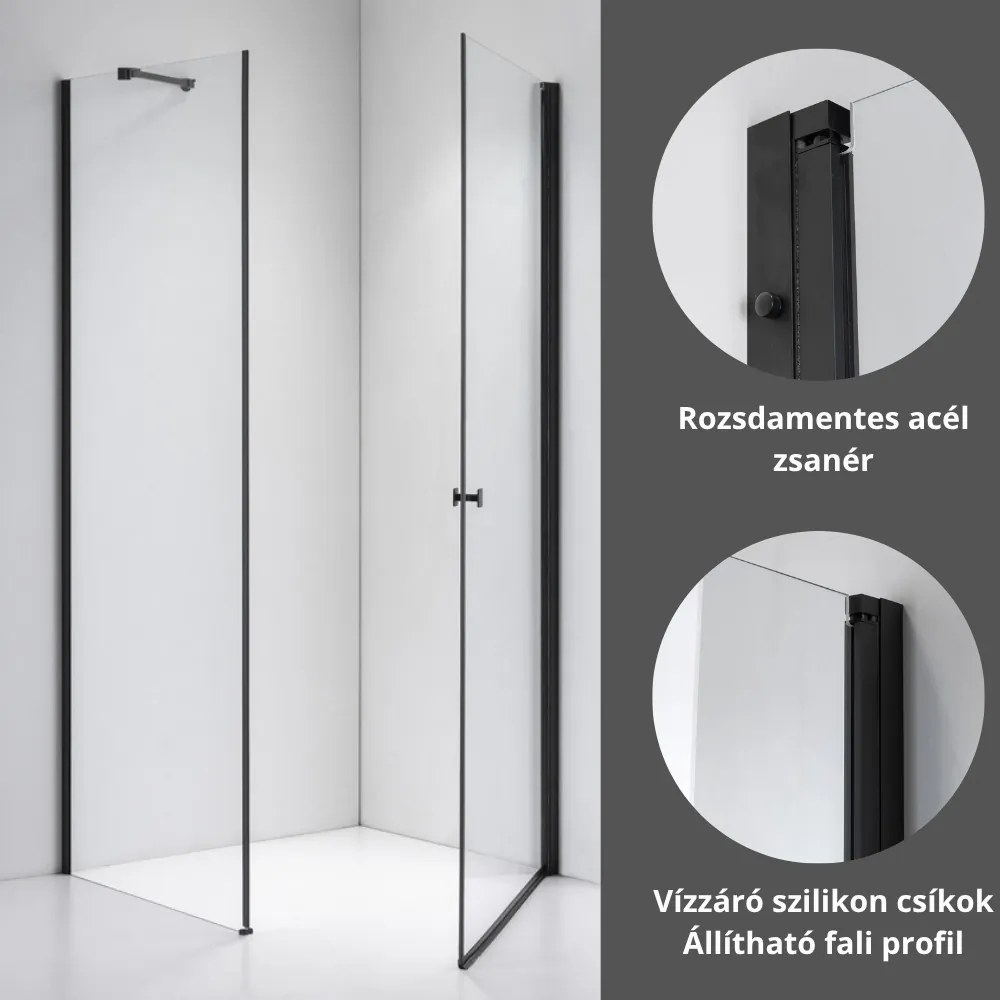 Stuxi Bari Black 90x80 aszimmetrikus nyílóajtós zuhanykabin 6 mm vízlepergető biztonsági üveggel, matt fekete