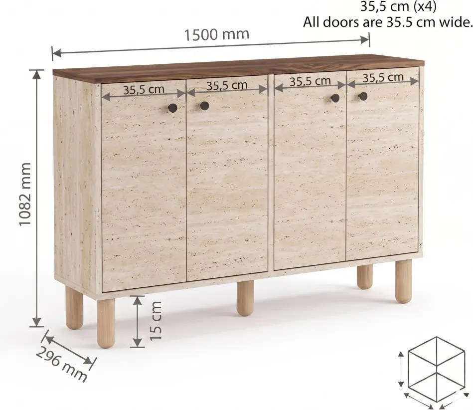 Luvia komód, travertin-velencei dió, 150 cm