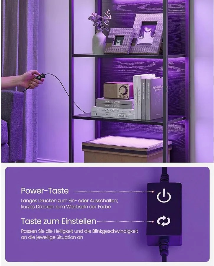 6 szintes könyvespolc, álló polcrendszer állítható LED világítással, 30,3 x 60 x 178,6 cm