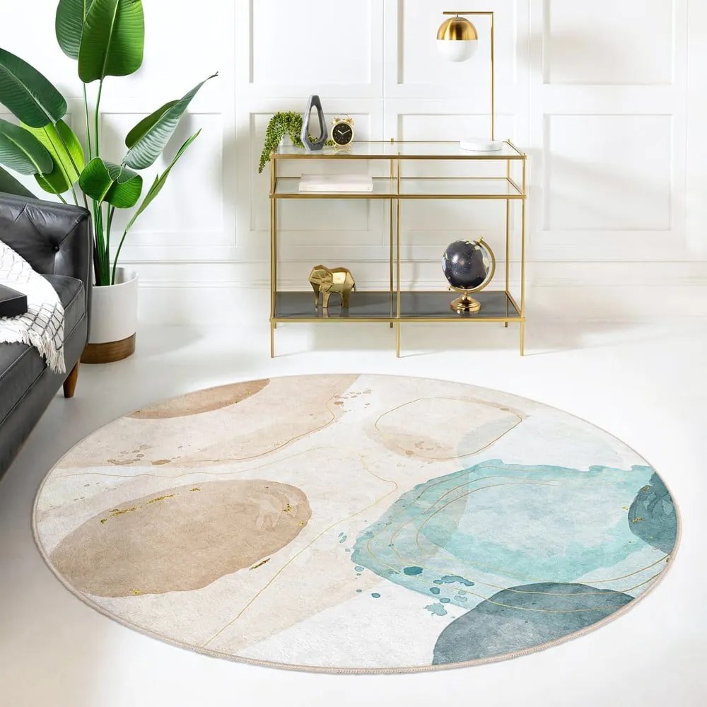 Kék-bézs mosható kerek szőnyeg ø 150 cm Puddle – Mila Home