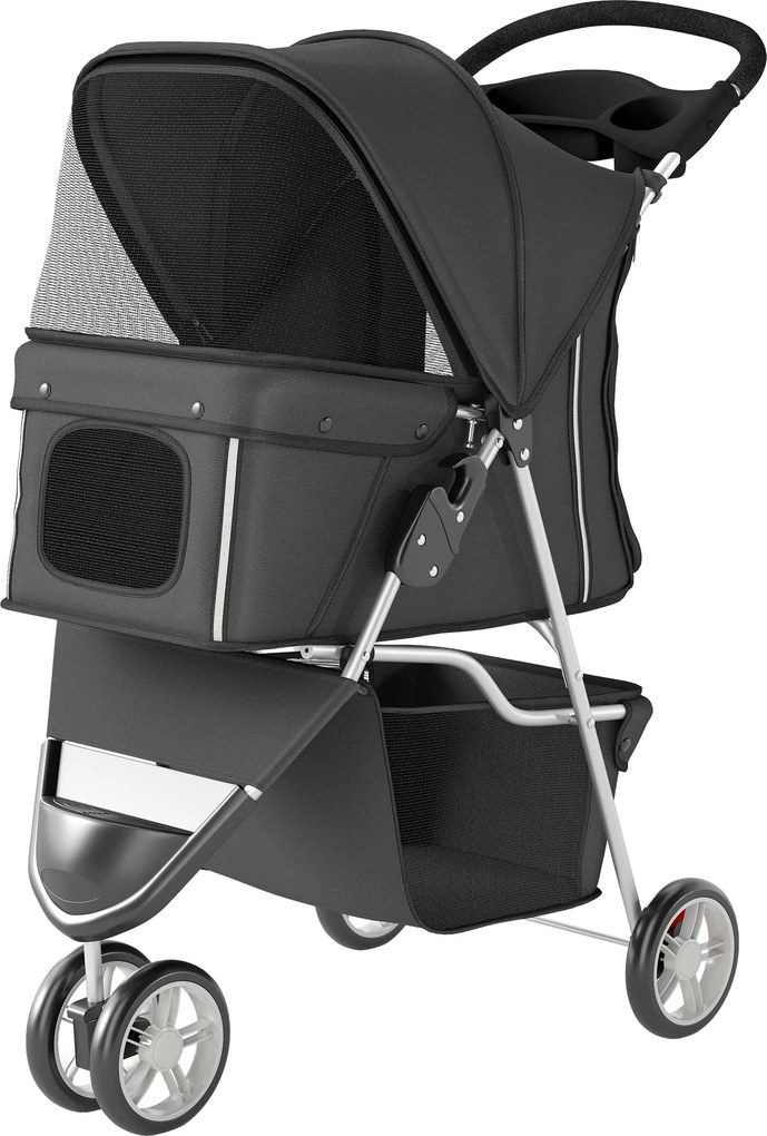 PawHut összecsukható kutyakocsi kis kutyáknak — tárolókosár, hálós ablakok, pohártartó, 10 kg, 77×44×102 cm, sötétszürke | Aosom