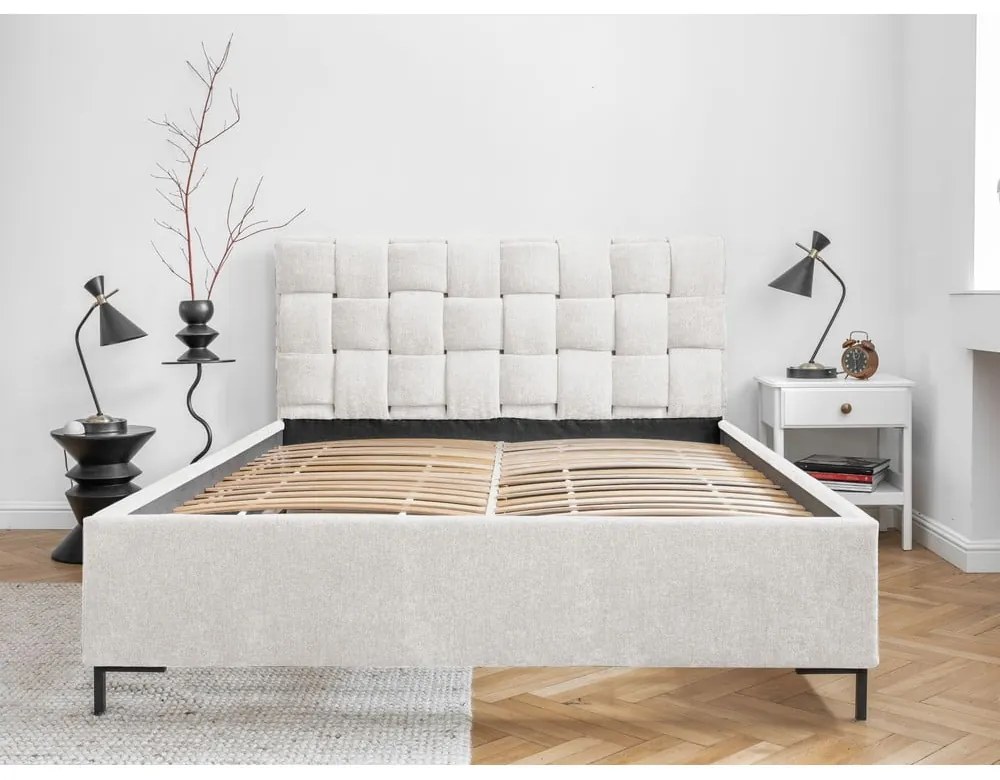 Krémszínű kárpitozott franciaágy ágyráccsal 160x200 cm Eve – Miuform