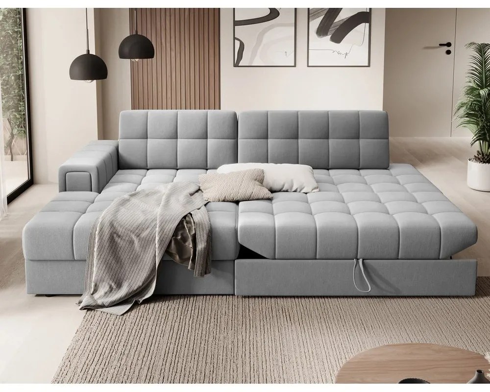 Szürke bársony kinyitható sarokkanapé (bal oldali-heverő résszel) Blezalt – ELTAP