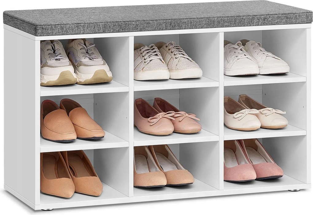 Fehér-szürke cipősszekrény puha habszivacs ülőfelülettel és 9 polccal