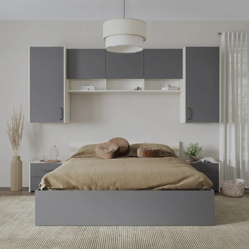 Malmo V13 hálószoba szett 160 x 200 cm-es ággyal, Fehér tölgy / Antracit