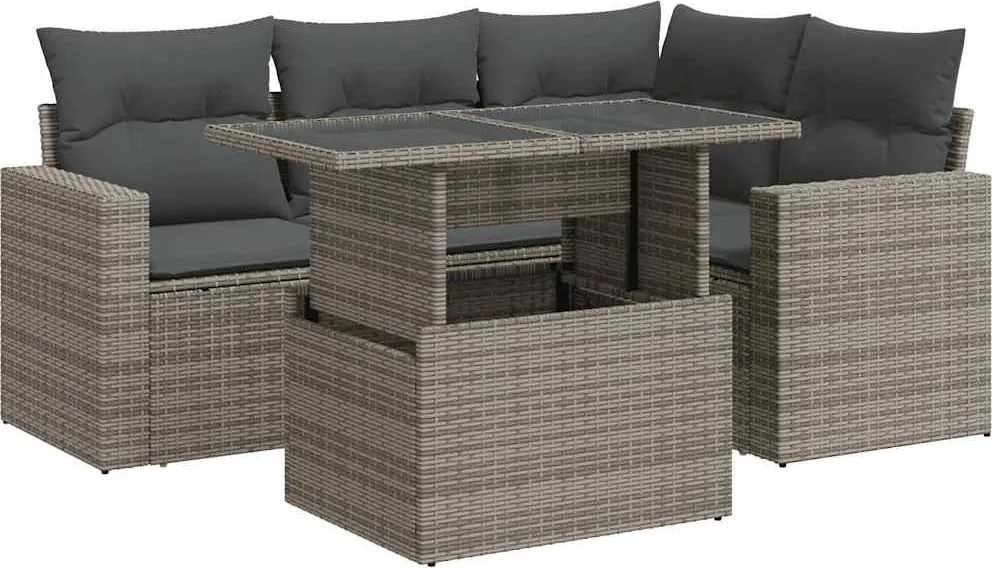 vidaXL 5 részes szürke polyrattan kerti ülőgarnitúra párnákkal