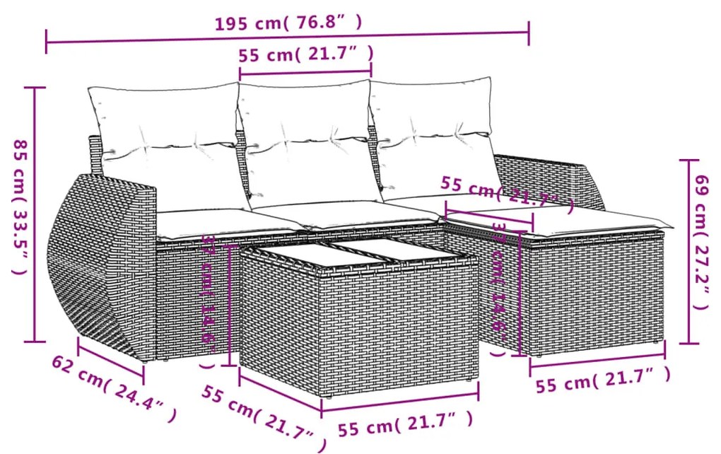 5 részes barna polyrattan kerti ülőgarnitúra párnával