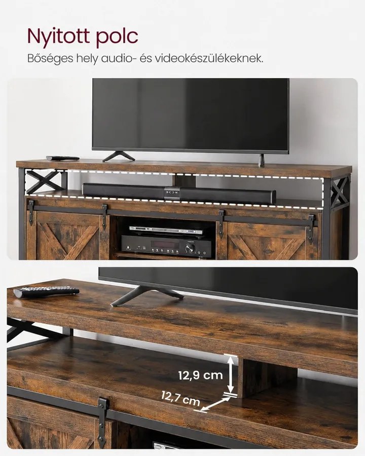 TV-szekrény tolóajtókkal, 147 x 40 x 76 cm, 65 colos TV-hez, rusztikus barna-fekete